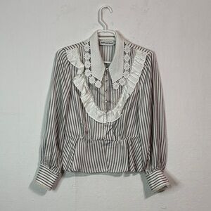 Self-Portrait Black and White Striped Blouse with Lace Detail